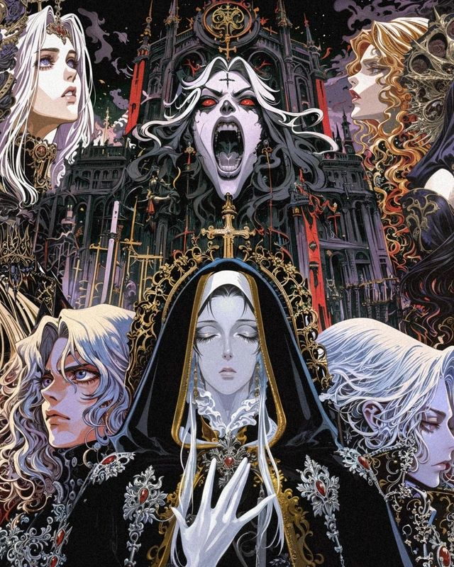 Detail of work No. 12: a nun at the centre of screaming and serene faces, in gold and black.