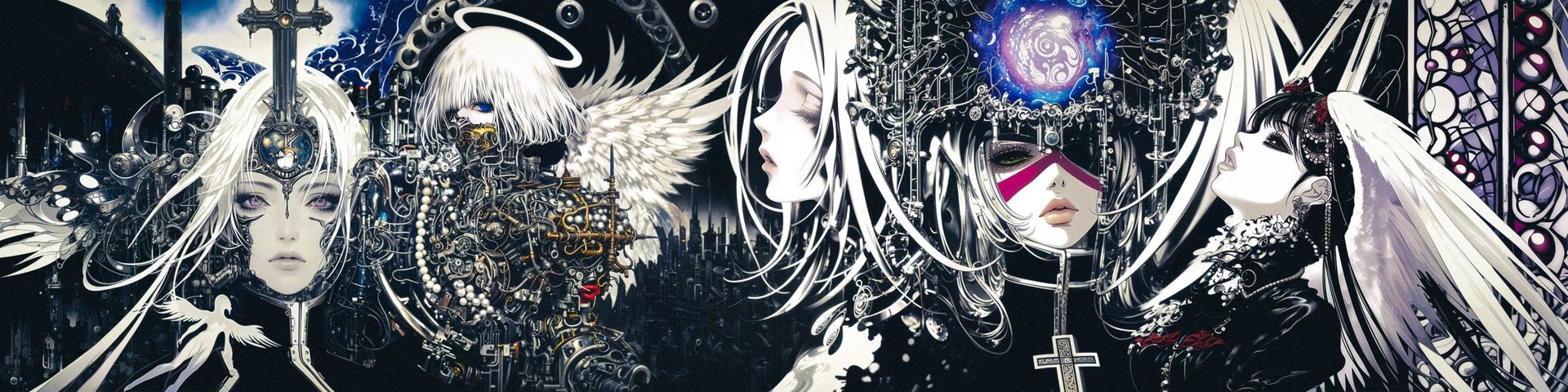 White-haired angels, a crystal crown and stained glass, in black, white and blue.