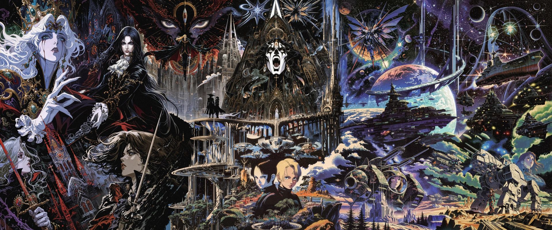 Vampires and knights before a black mountain fortress, under a starry sky crossed by a spaceship.