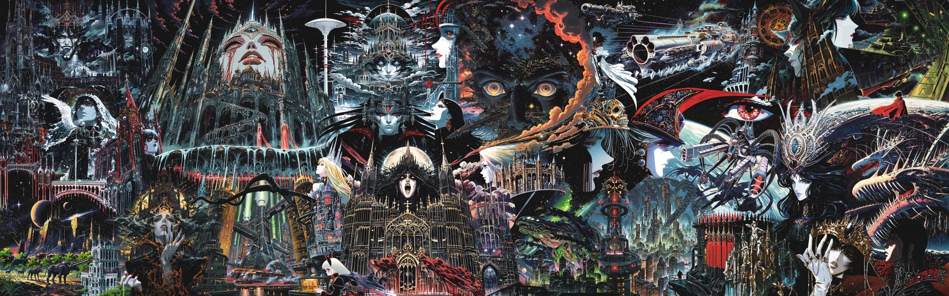 A black and white megacity of spires and machines, with a giant pale face and flashes of red.