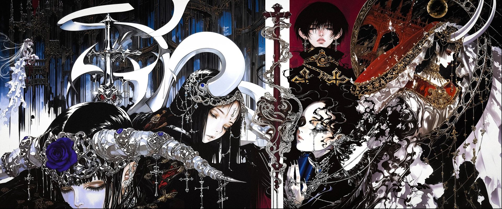 Black and white figures in silver armour with a blue rose, beside a dark-haired youth and a red mask.