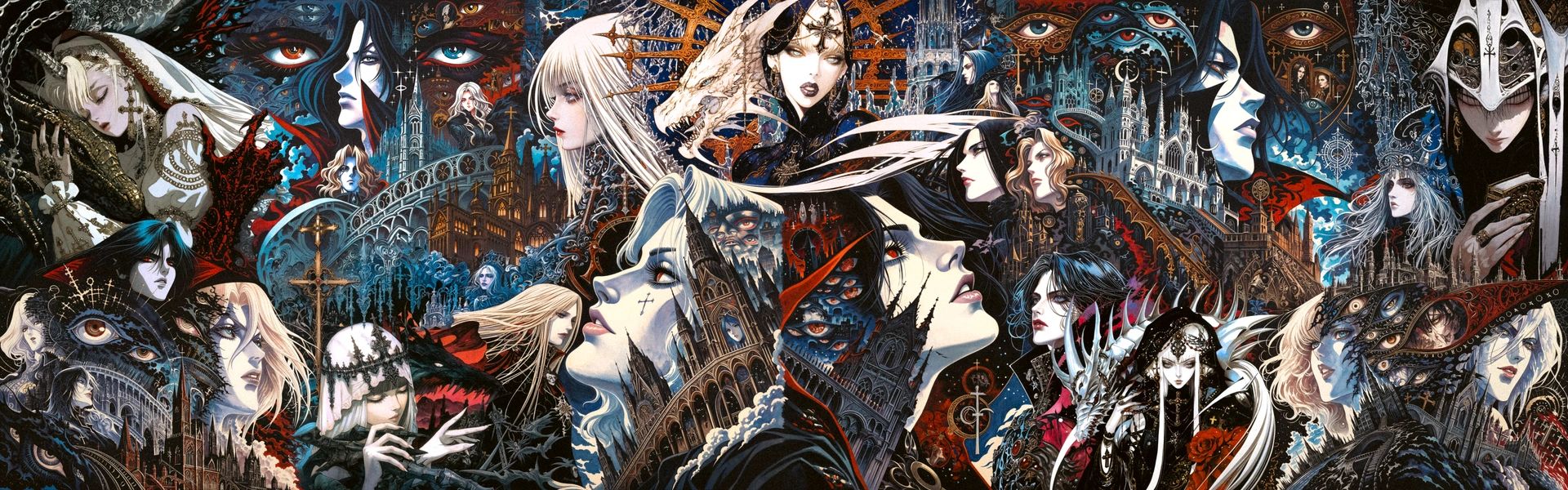 A packed crowd of gothic faces with blue and red eyes, silver hair, masks and cathedral towers.