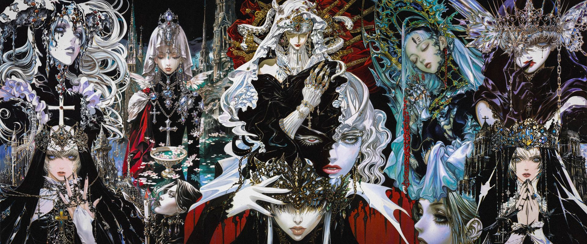 Crowned gothic women with silver hair, gold and jewels, crowded side by side.