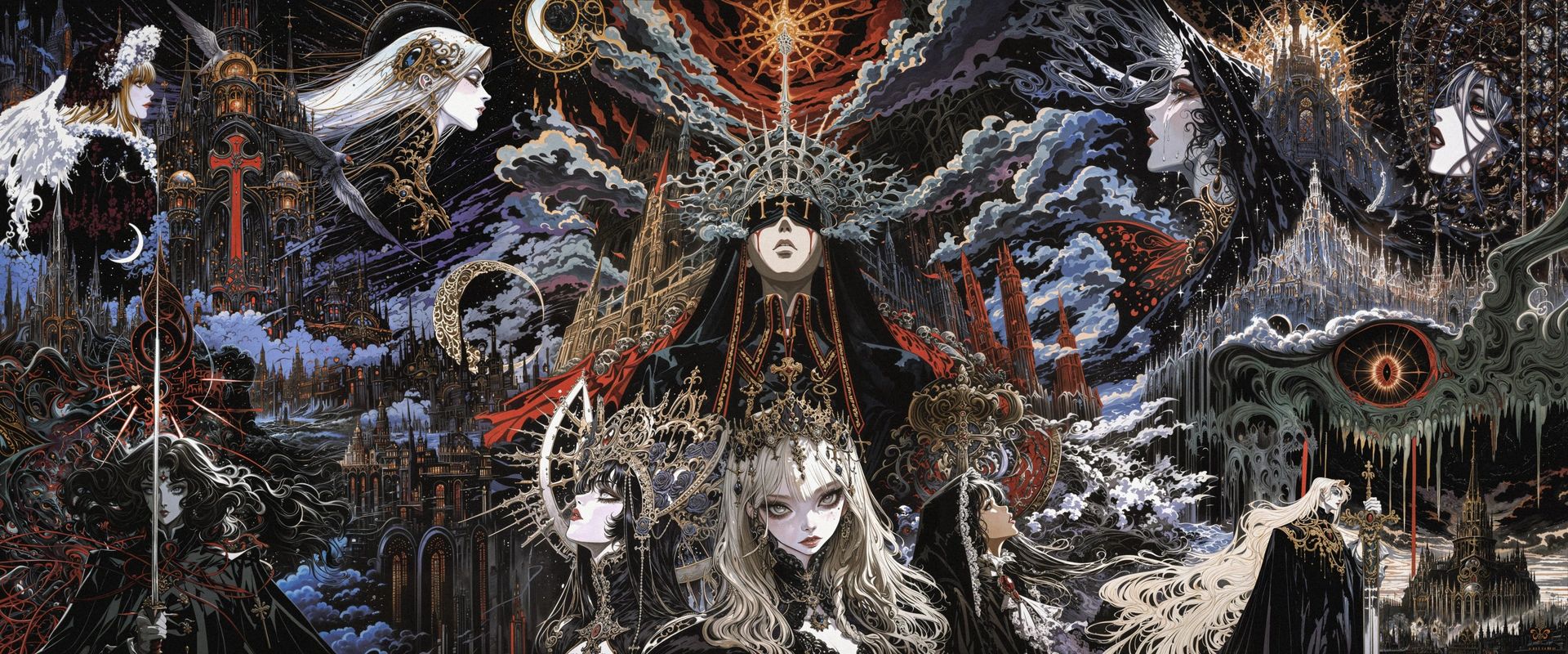 A crowned woman in red at the centre of a dark landscape of cathedrals, waves and a single red eye.