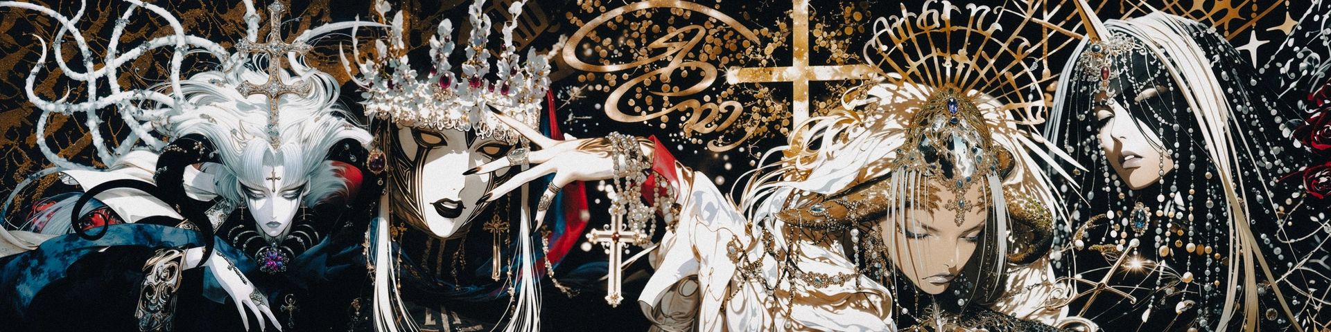 Pale gothic figures with crowns, crosses, pearls and gold jewellery, on a black and bronze ground.