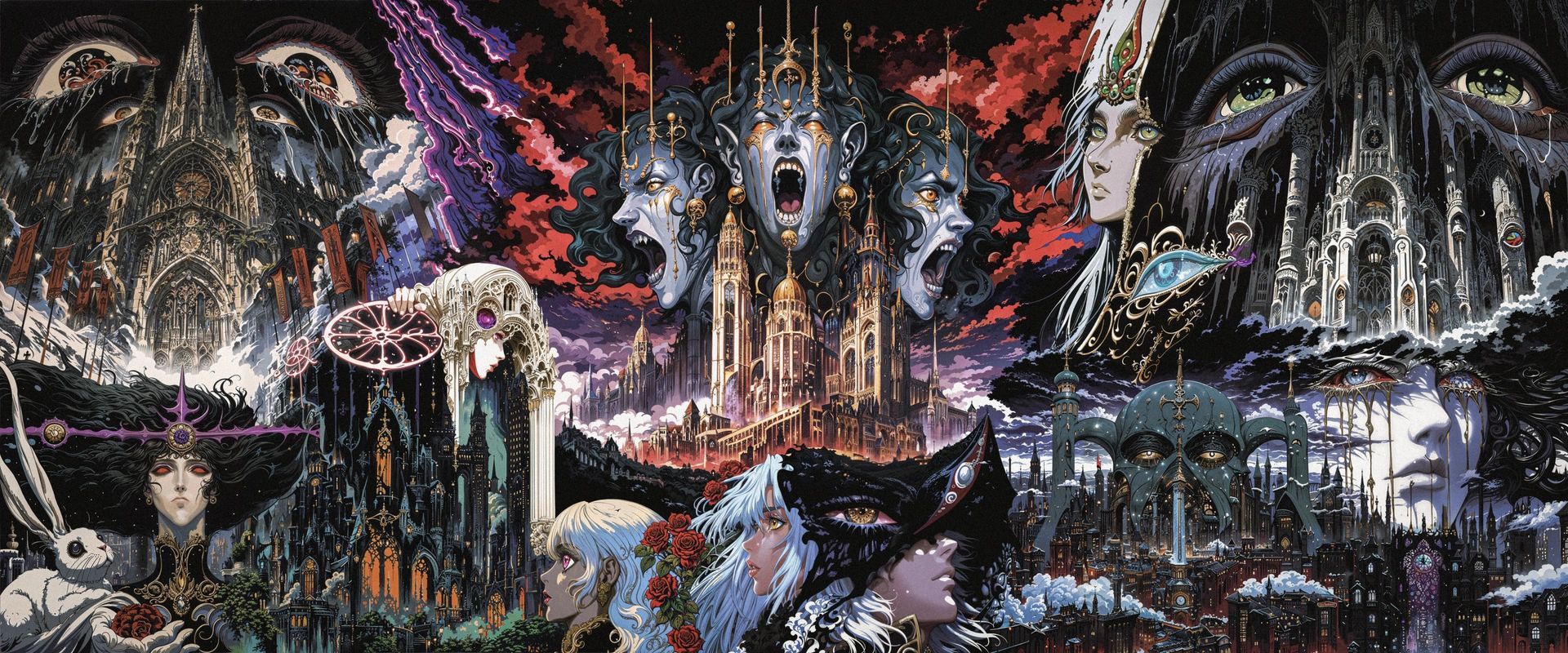 Dark cathedrals and screaming faces under a red sky, with a white rabbit in the corner.