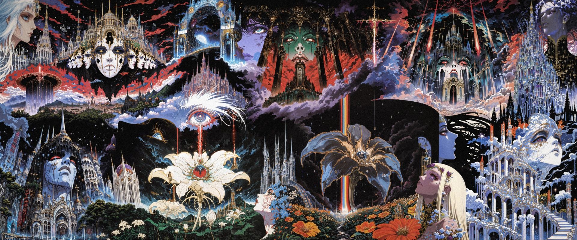 Floating gothic cities above the clouds, giant white lilies and red beams falling from the sky.