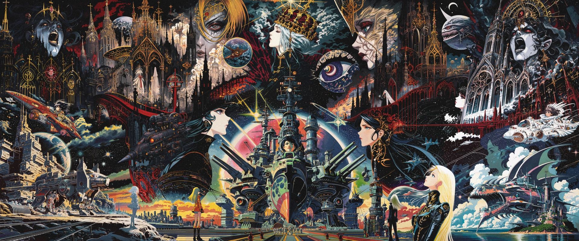 A futuristic port city with a dark central tower, ships, a rainbow and faces floating in the sky.