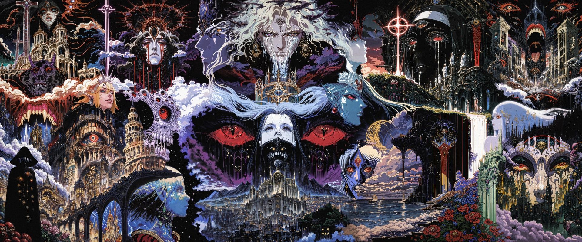A giant face with glowing red eyes rising over castles, bridges and waterfalls, among cloaked figures.