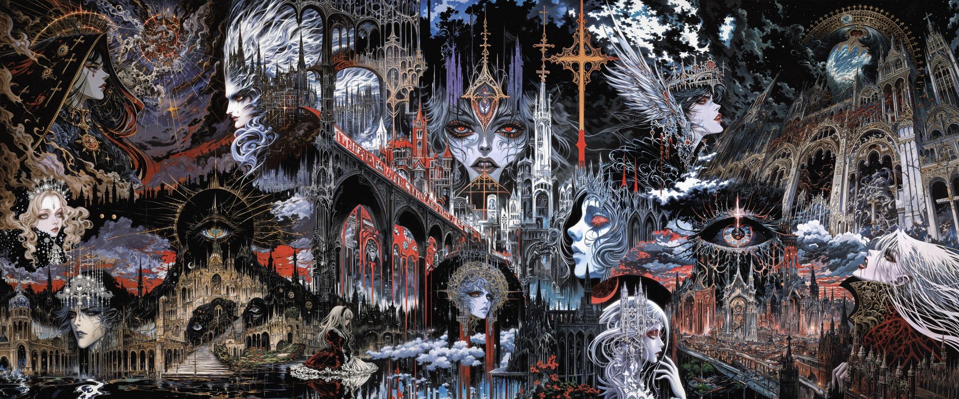 A gothic city of cathedrals and bridges lit in red, crowded with pale faces, masks and silver-haired figures.