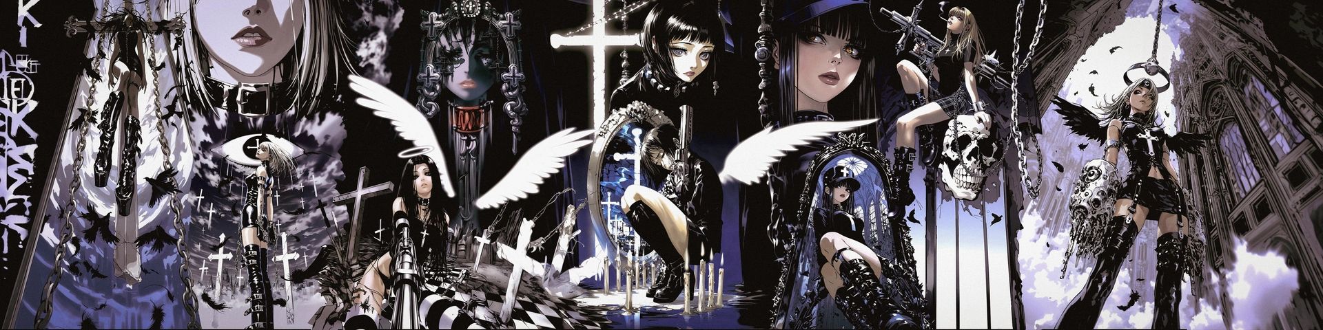 Gothic girls with white wings and white crosses, in black, white and lilac, under cathedral windows.