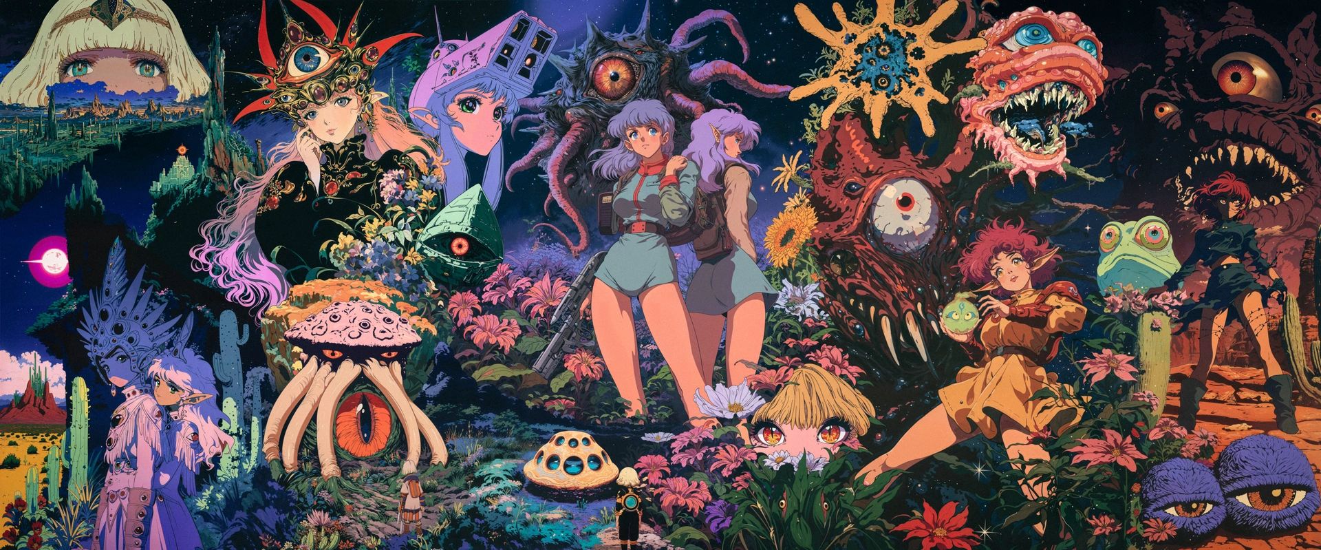 Colourful anime characters among tentacled monsters, mushrooms and a frog in a dark jungle.