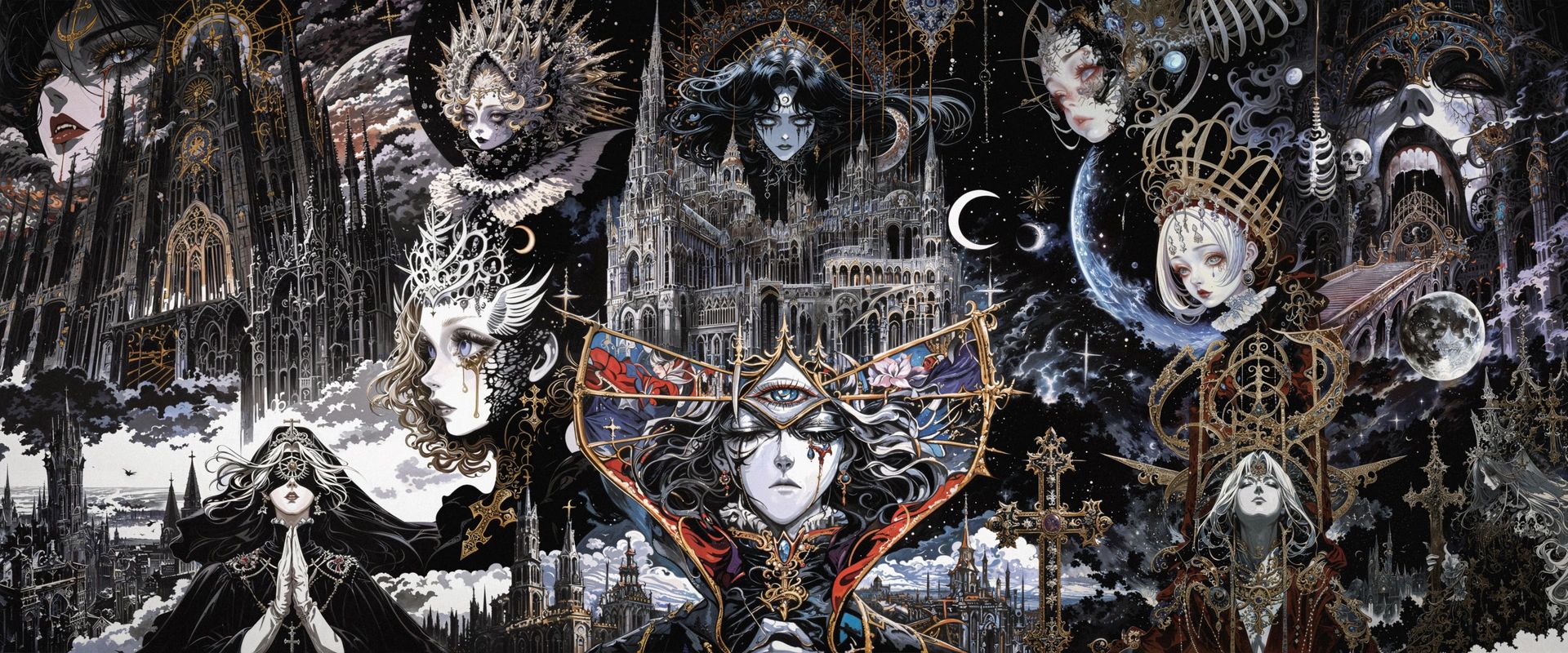 A black and white gothic cathedral, a masked queen in the centre and crescent moons.
