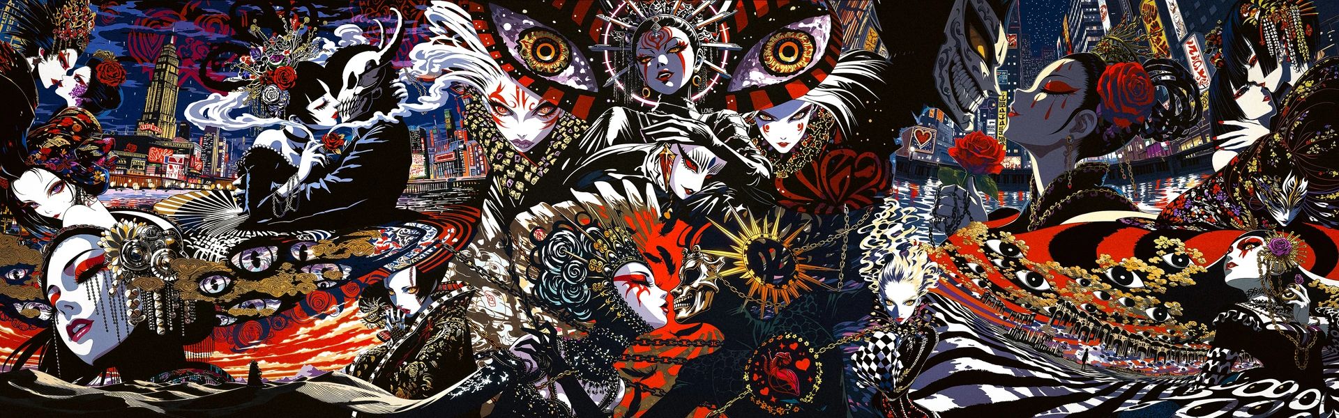 Painted faces, masks and eyes in red, black and gold, with a night city behind them.
