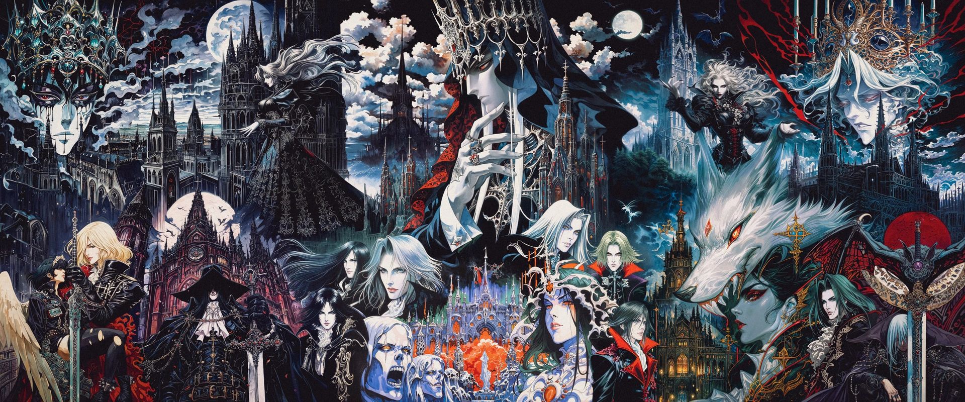 Moonlit gothic castles, a white wolf and a crowd of blond and silver-haired characters in black and red.