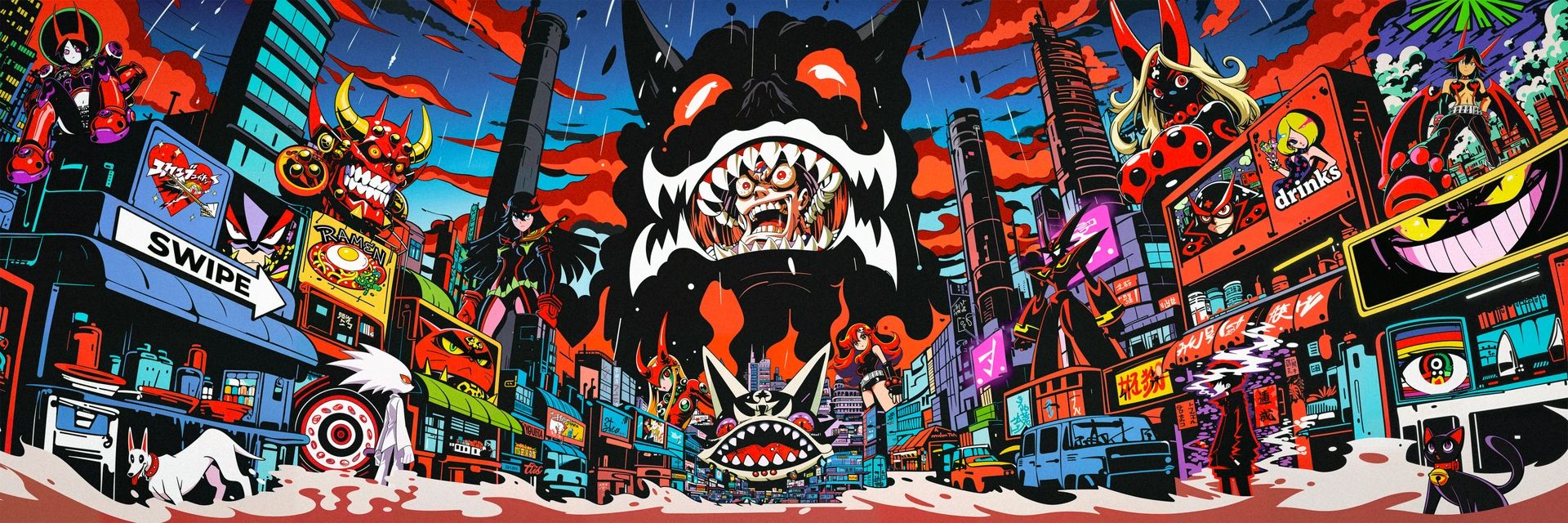 A neon city street under a red sky, with a giant fanged black monster, billboards and a sign reading “Swipe”.