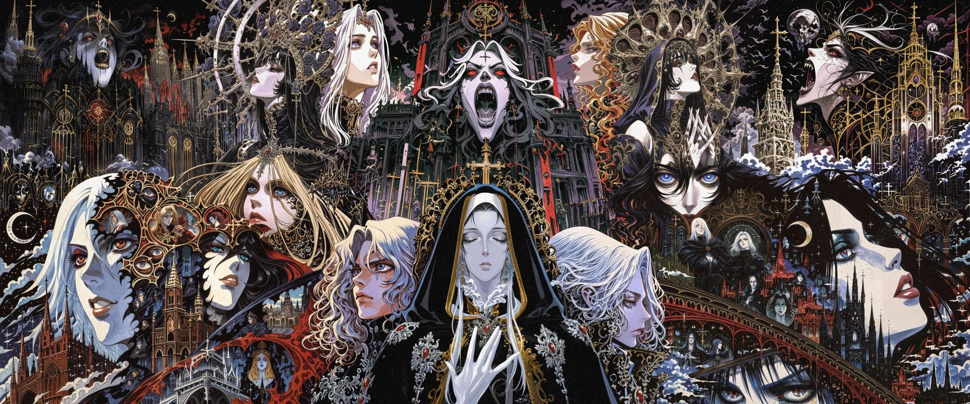 A nun at the centre of a crowd of screaming and serene faces, framed by gold filigree and black spires.