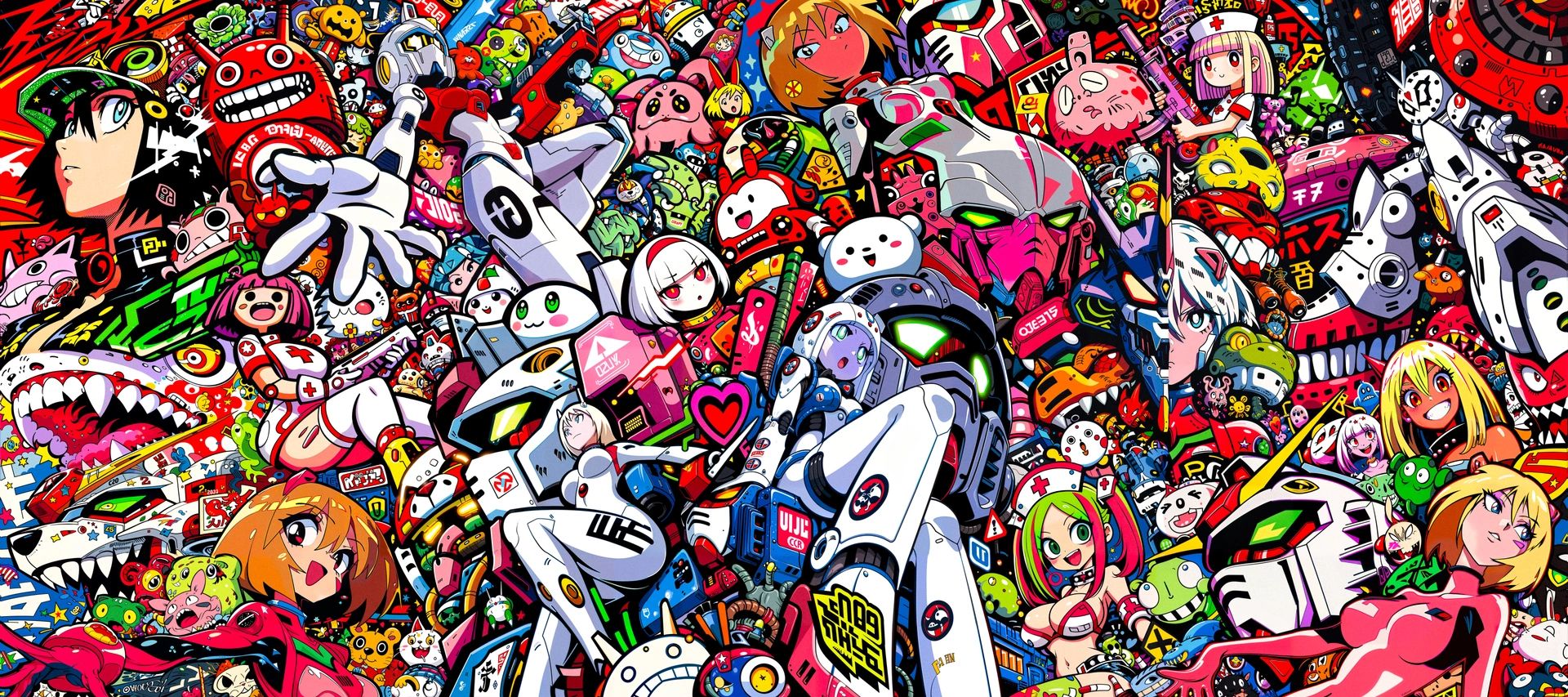 A packed pop collage of robots, mascots and anime faces in red, pink and white.
