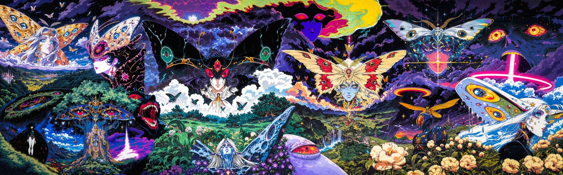 Psychedelic butterflies covered in eyes, glowing creatures and flowers on a purple night.