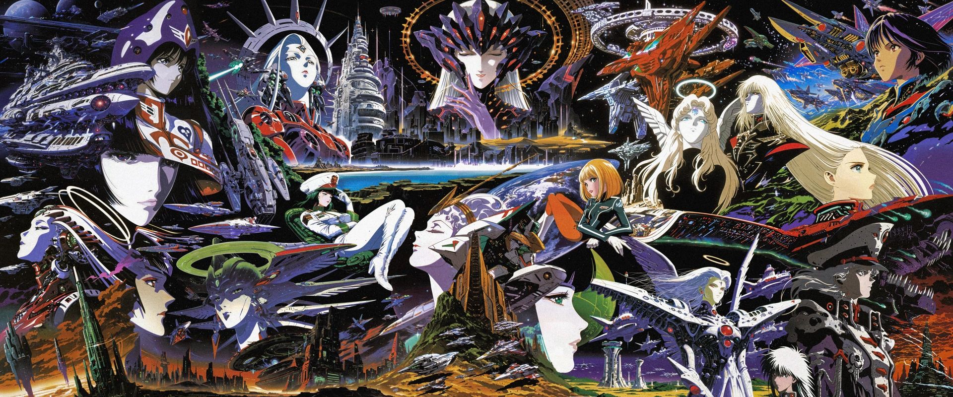A crowd of science-fiction anime characters in purple and blue, with starships, a crowned statue and angels.