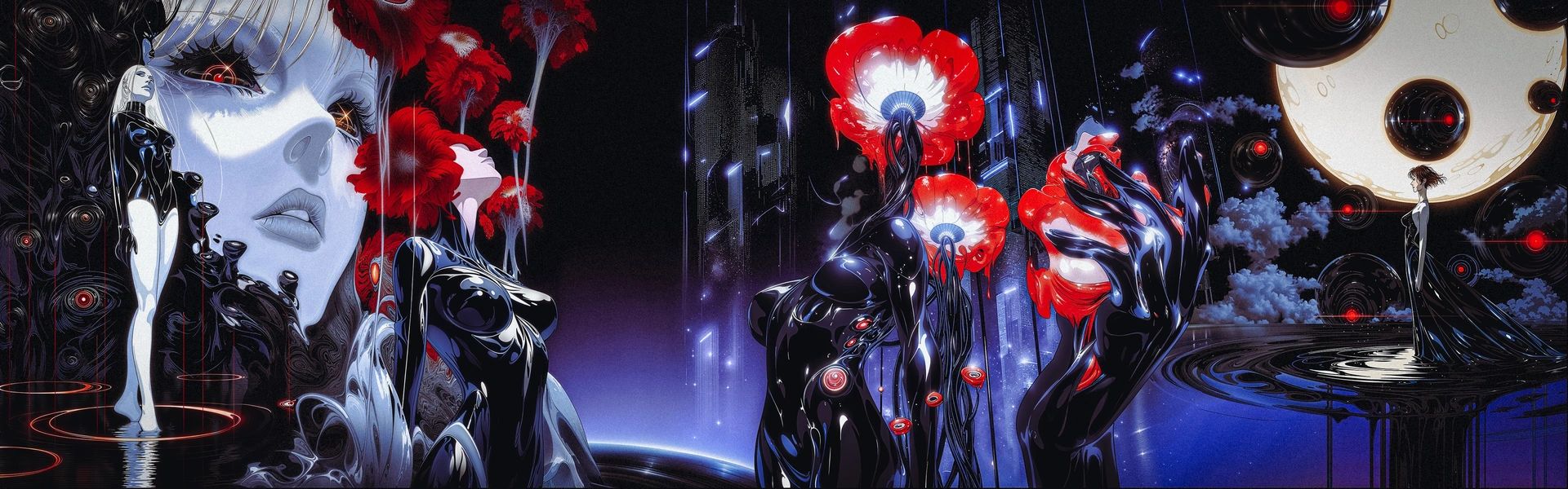 A pale face, red flowers and a glossy black figure in water under a moon pierced with dark circles.