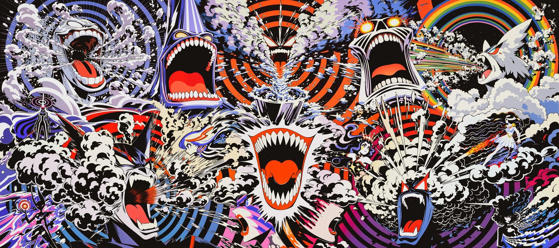 Fanged, screaming red mouths bursting out of white clouds, on spirals of purple, orange and a rainbow.