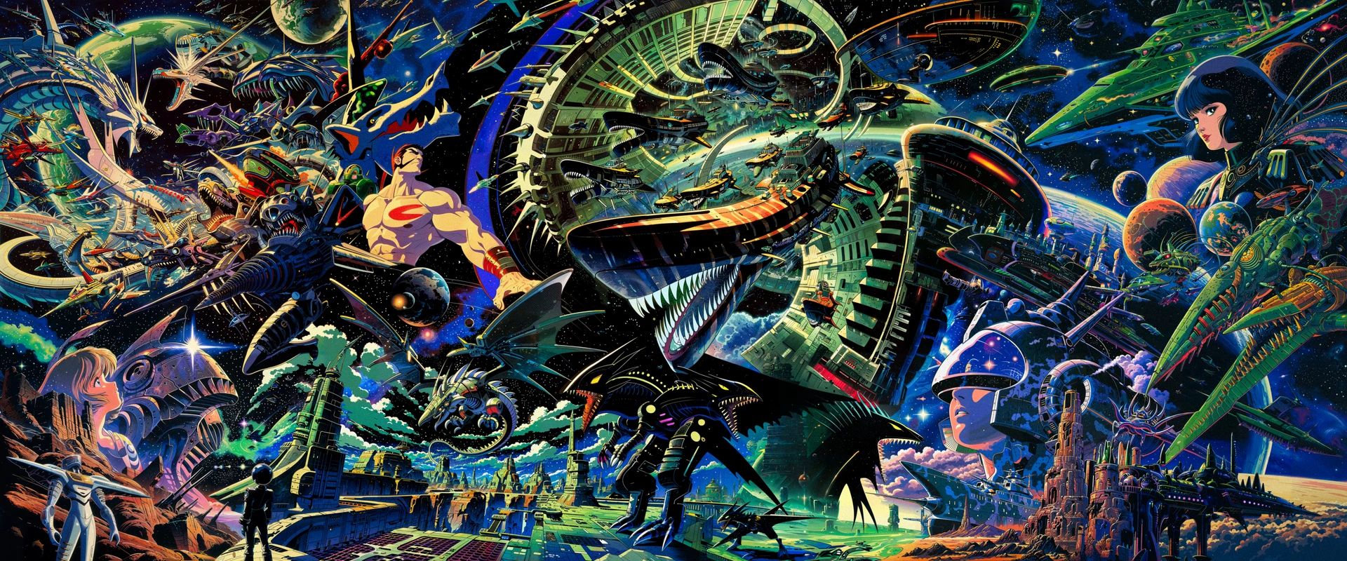 A green and blue space opera: starships, a giant ring, planets and a hero in yellow among armoured crowds.