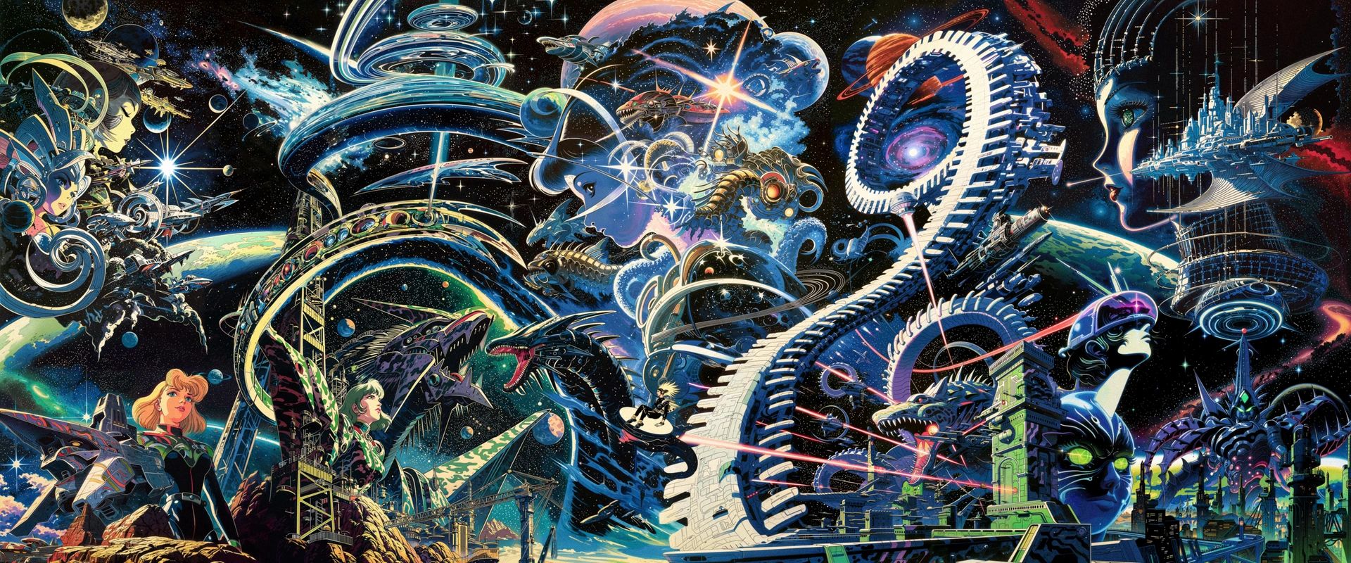 A spiralling space station among starships and galaxies, in deep blue and green.