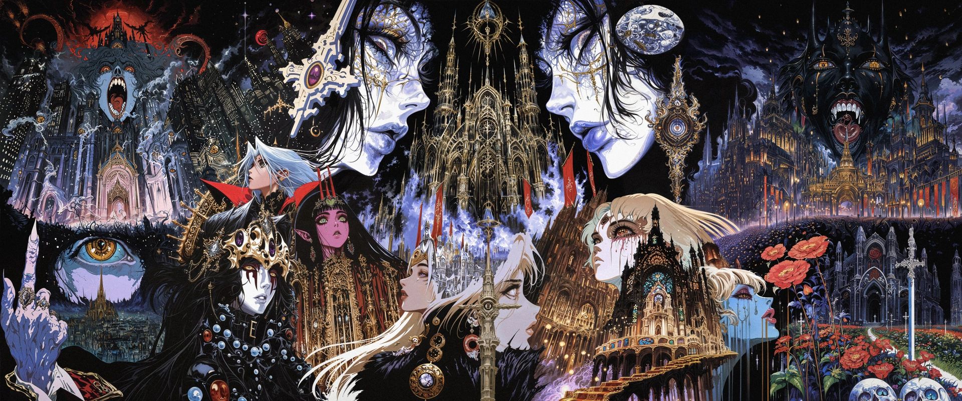 Two huge pale faces facing each other across a gothic spire, above masked figures, red flowers and a full moon.
