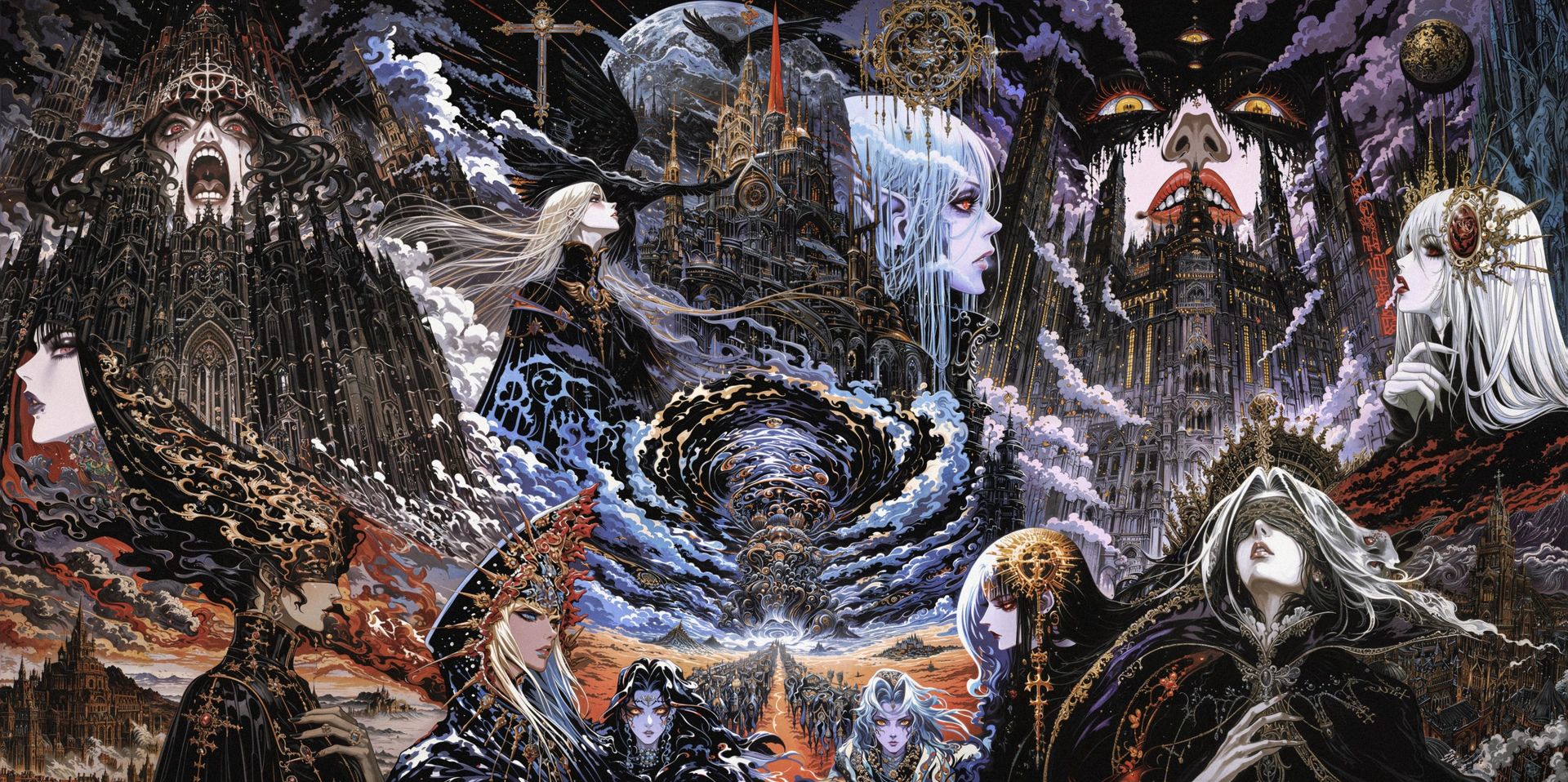A swirling vortex between two dark cathedrals, under storm clouds, watched by hooded silver-haired figures.