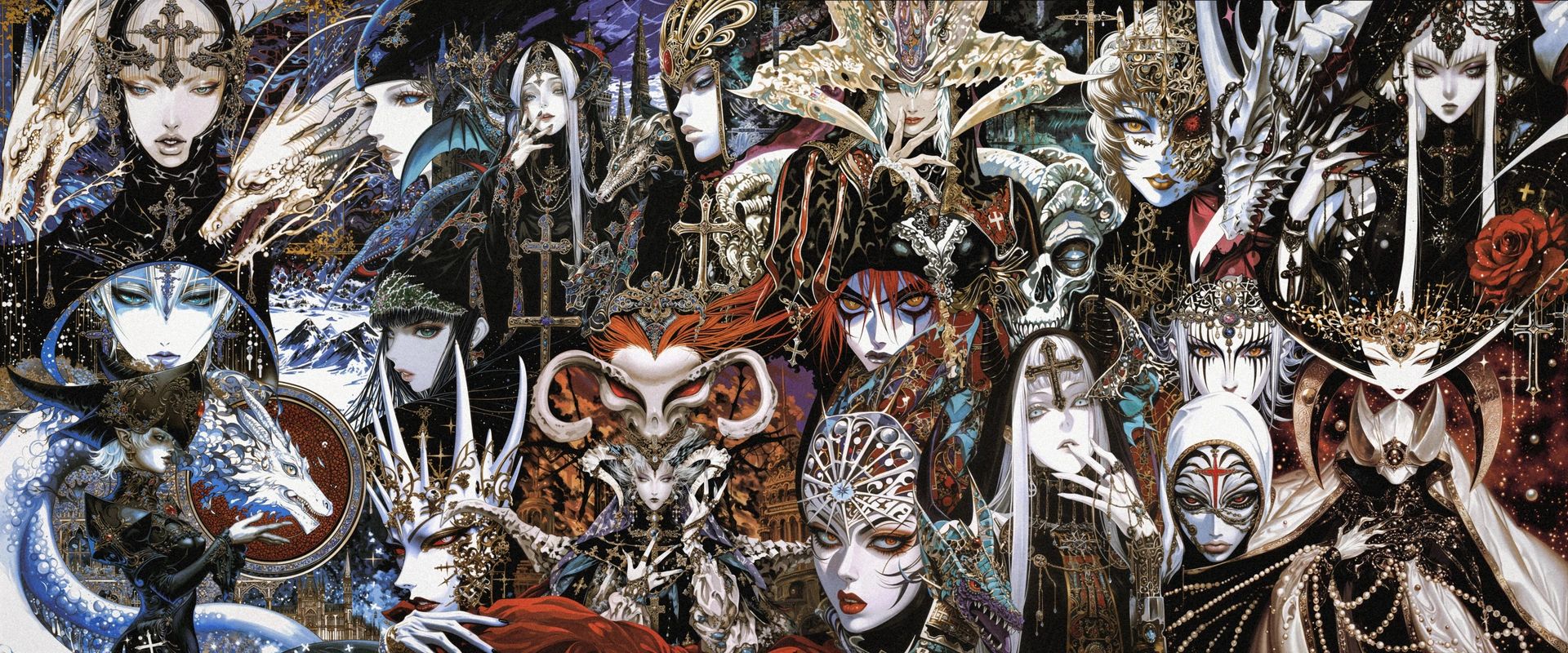 A dense wall of masks, masked nobles, dragons and roses in black, gold and red.